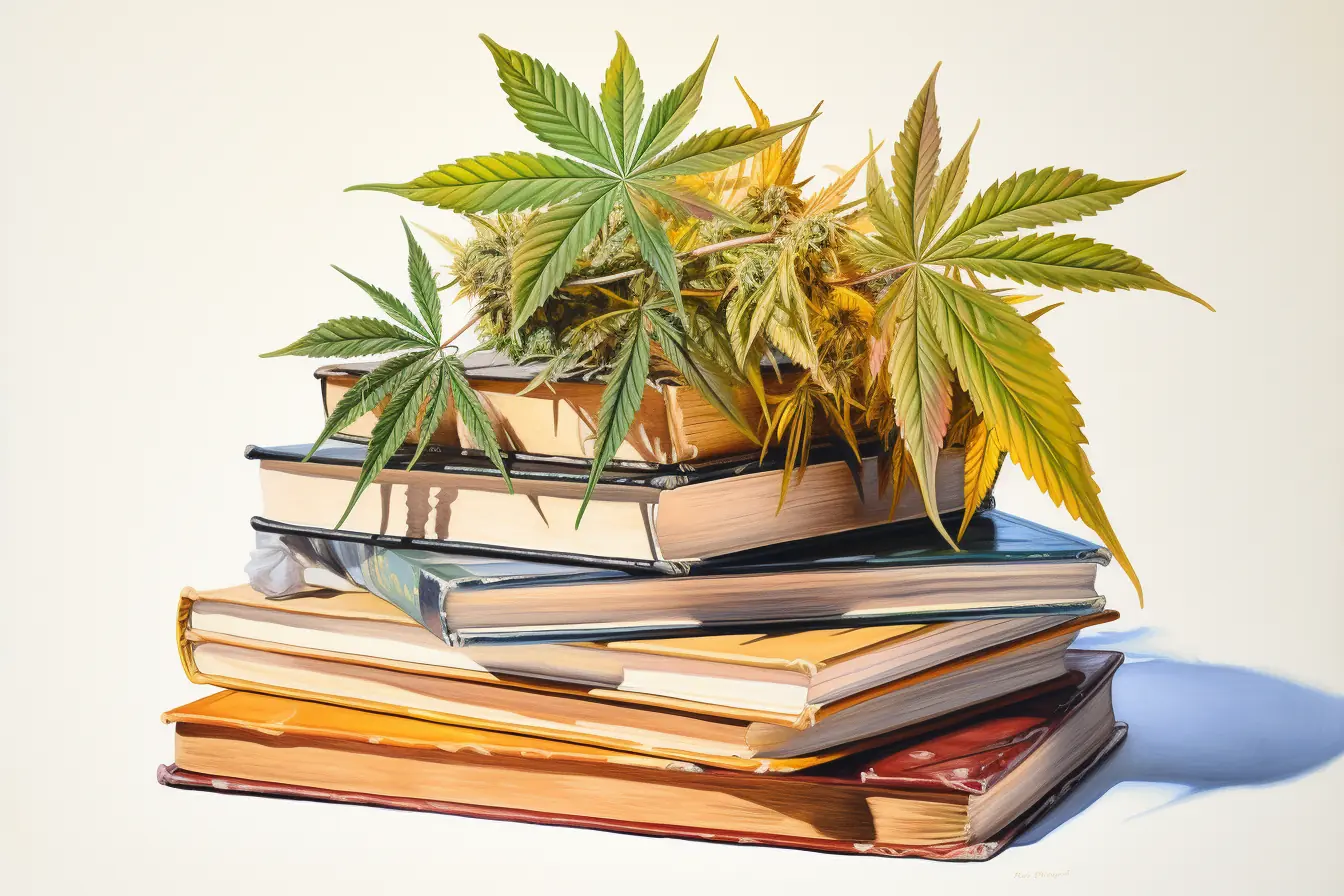 Bücher, übereinandergestapelt, erhalten eine Dekoration aus Cannabisblättern.